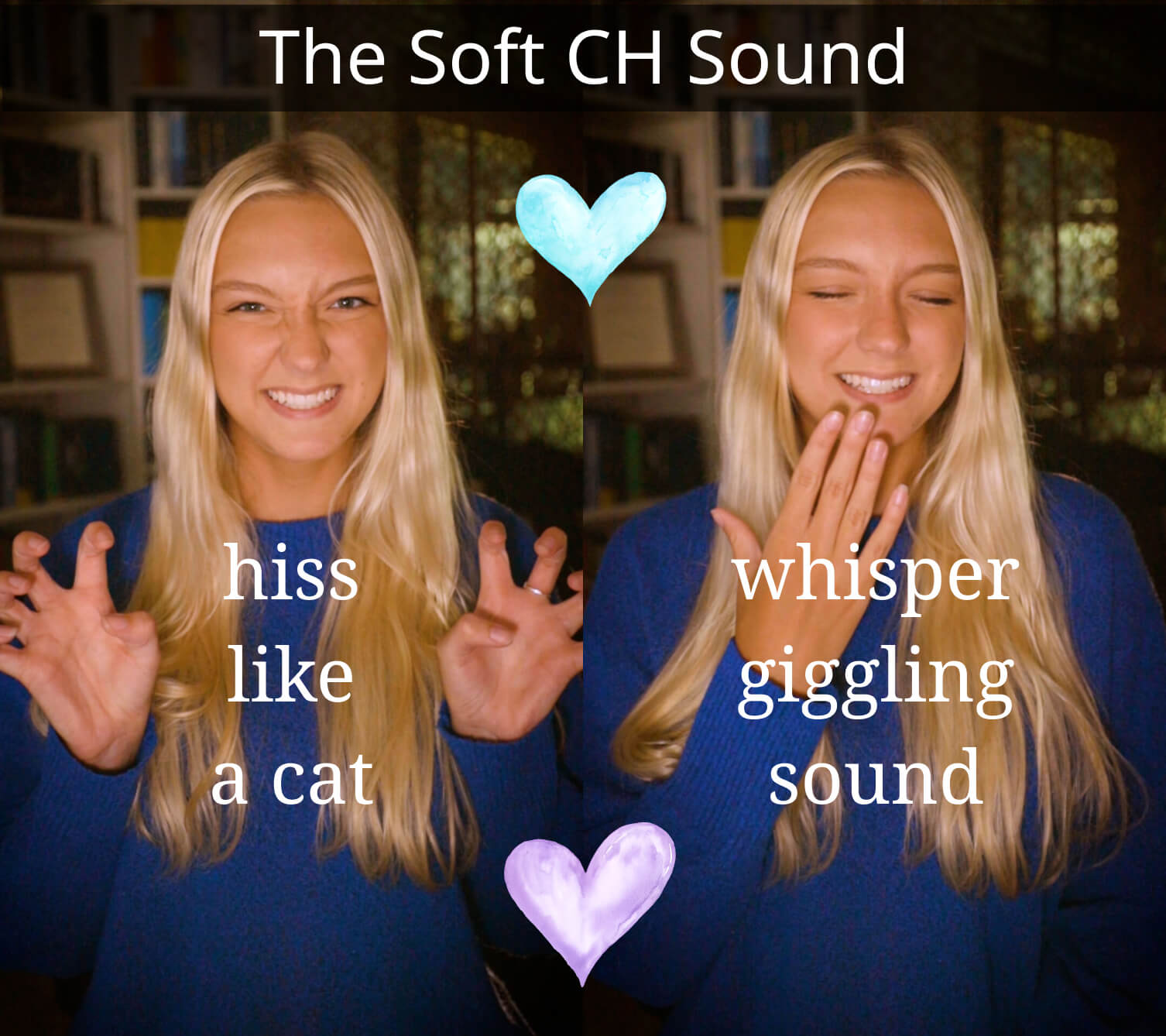 Woman pretending to hiss like a cat and whisper a giggle, demonstrating practice tips for the soft pronunciation of the German CH, which is used twice in ich liebe dich.