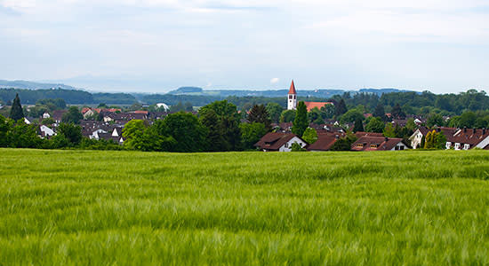 German countryside in spring. The German word for spring contains a long U umlaut before the letter H.