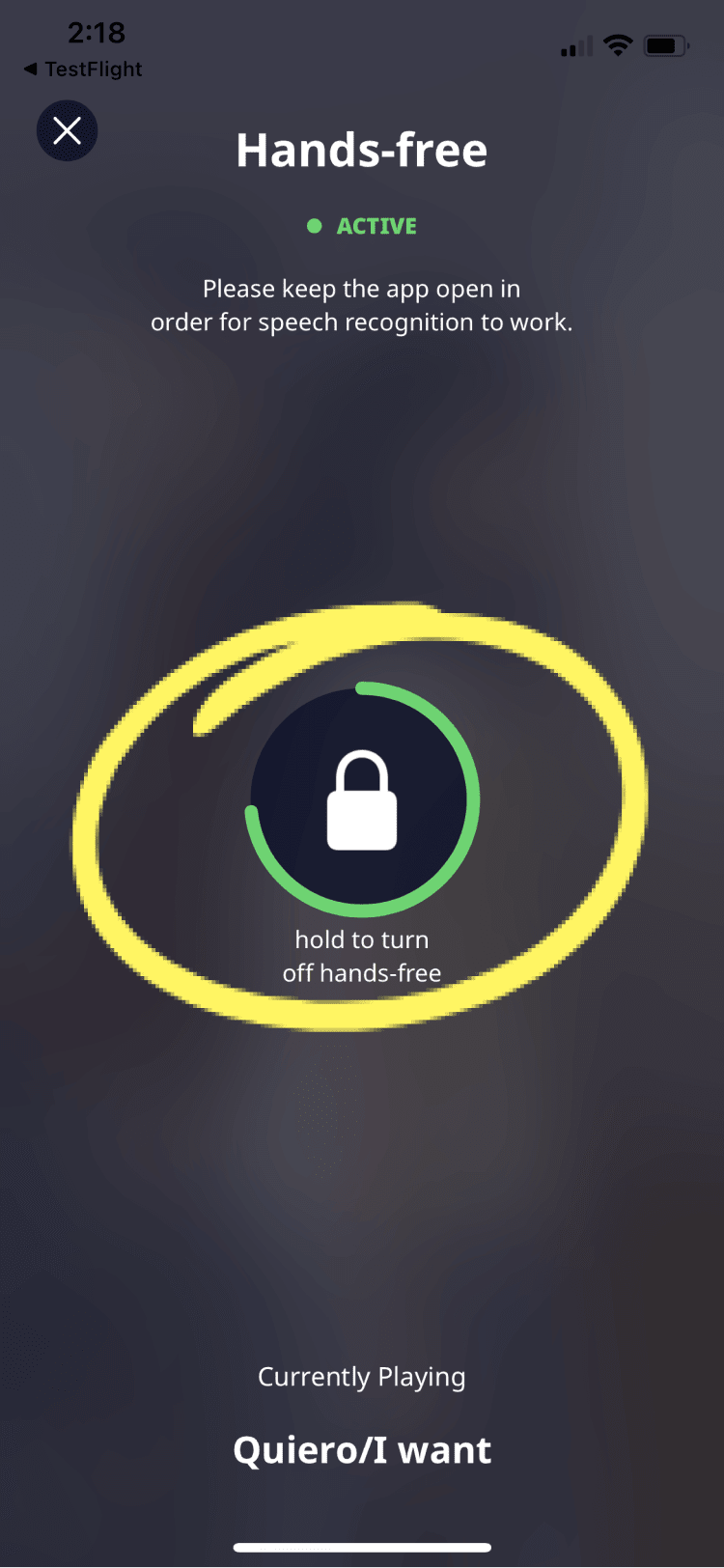 Kleo app Hands-free mode with exit mechanism circled in yellow for demonstration.