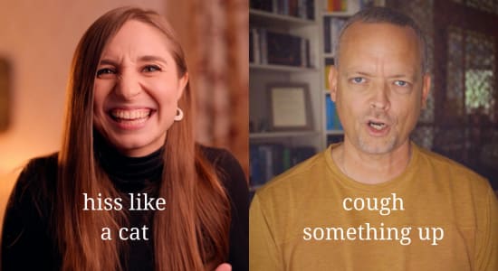 Feli from Germany hissing like a cat and German male teacher clearing his throat, demonstrating the two pronunciations of the German CH.