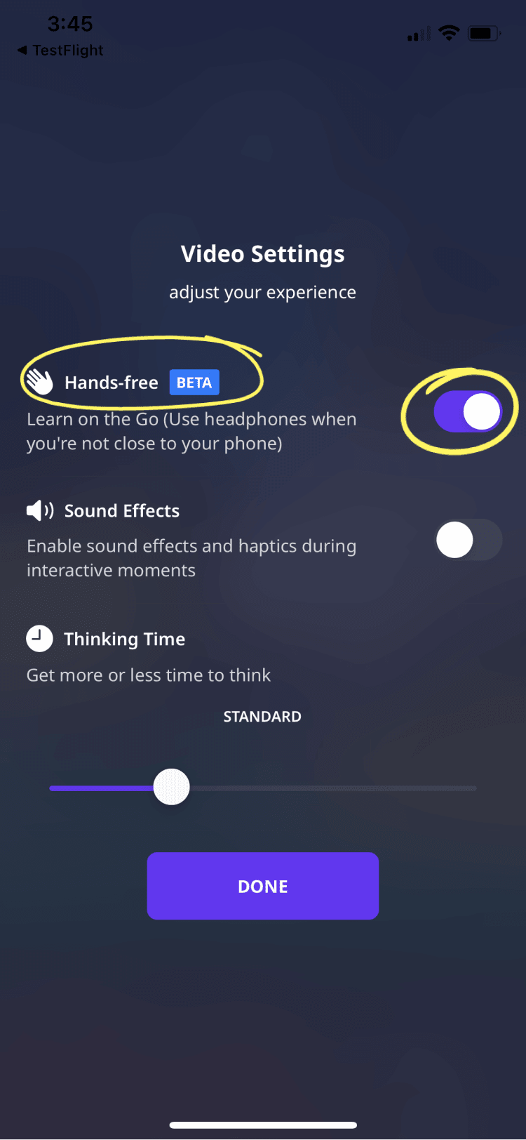 Kleo app Video Settings with Hands-free toggle circled in yellow for demonstration.