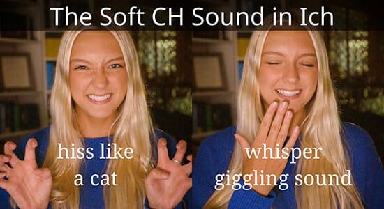 Woman pretending to hiss like a cat and whisper a giggle, showing practice tips for the soft pronunciation of German CH, which is present in the word ich.