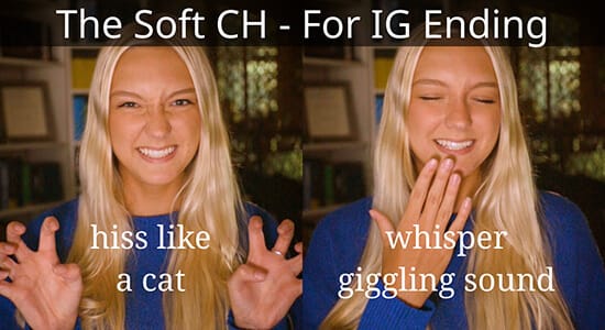 Woman pretending to hiss like a cat and whisper a giggle, demonstrating practice tips for the soft pronunciation of the German CH, which is used for IG endings.