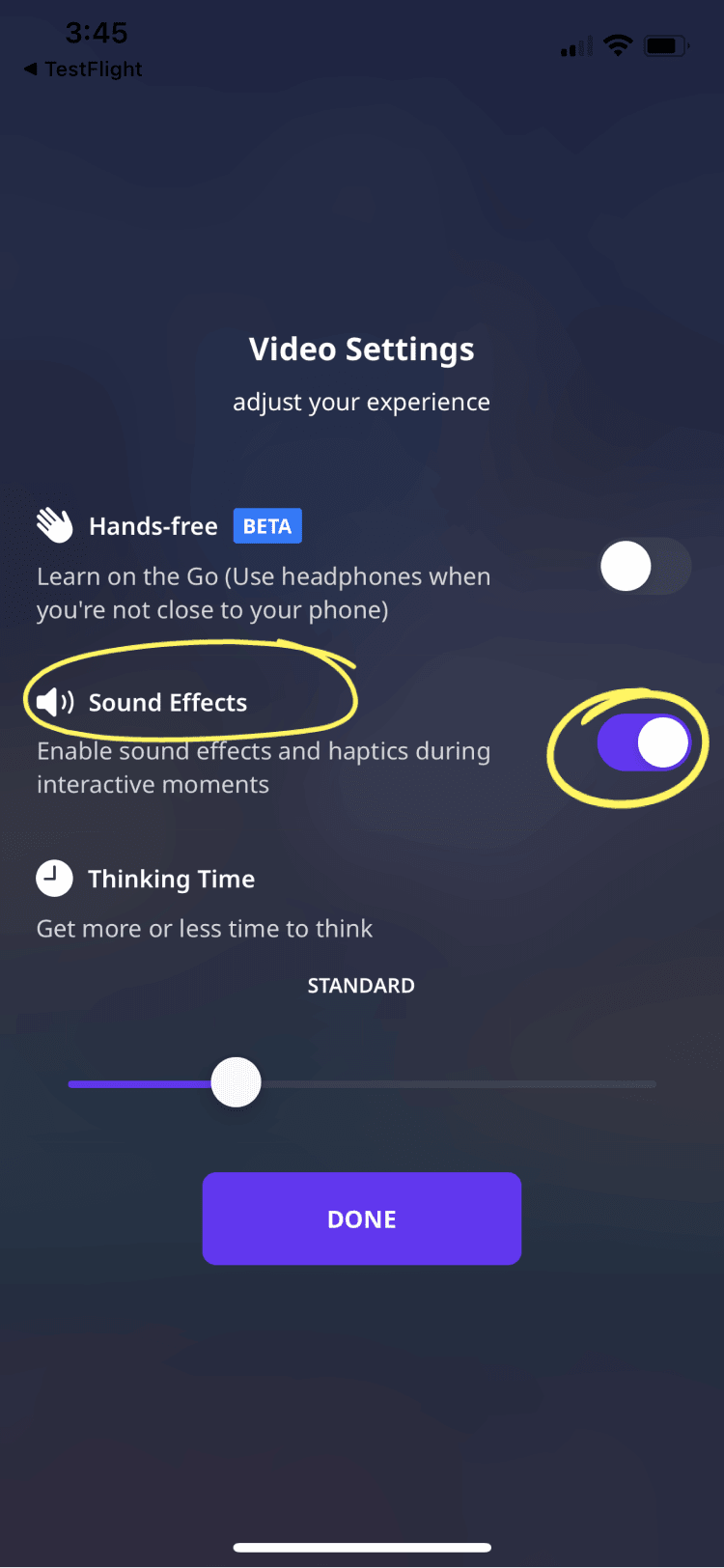 Kleo app Video Settings with Sound Effects toggle circled in yellow for demonstration.