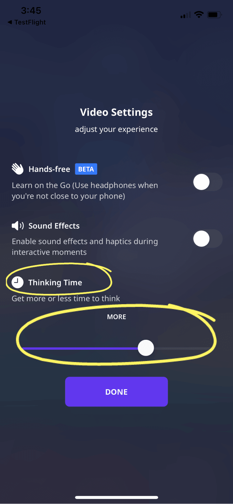 Kleo app Video Settings with Thinking Time slider circled in yellow for demonstration.