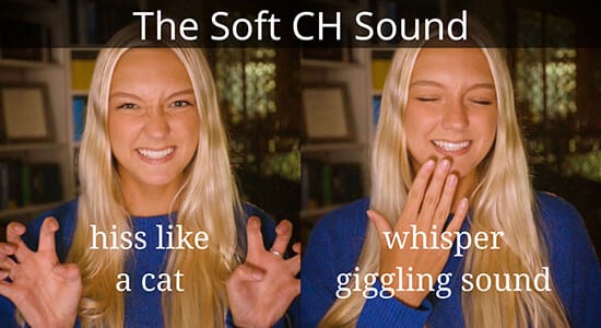 Woman pretending to hiss like a cat and whisper a giggle, demonstrating practice tips for the soft pronunciation of the German CH.