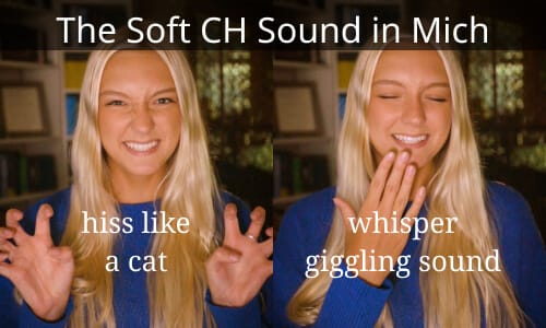 German woman pretending to hiss like a cat and whisper a giggle, in order to demonstrate pronunciation tips for the soft CH sound in the word mich.
