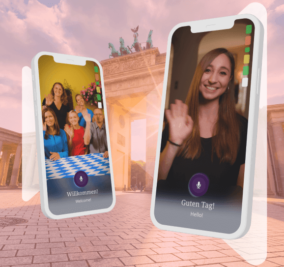 Two mobile phones showcasing interactive video lessons, in front of Kleo logo with background of German city.